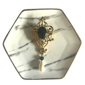 Vintage Renaissance Brooch Pin Drop Pearl Gold 50s 60s Costume Jewelry Filigree